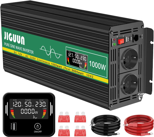 1000W Zuivere Sinus Omvormer – Stroomomzetter – Spanningsomvormer – 12V Naar 230V – Power Inverter – LCD Display – Afstandsbediening – Meervoudige Beveiliging - QUORE