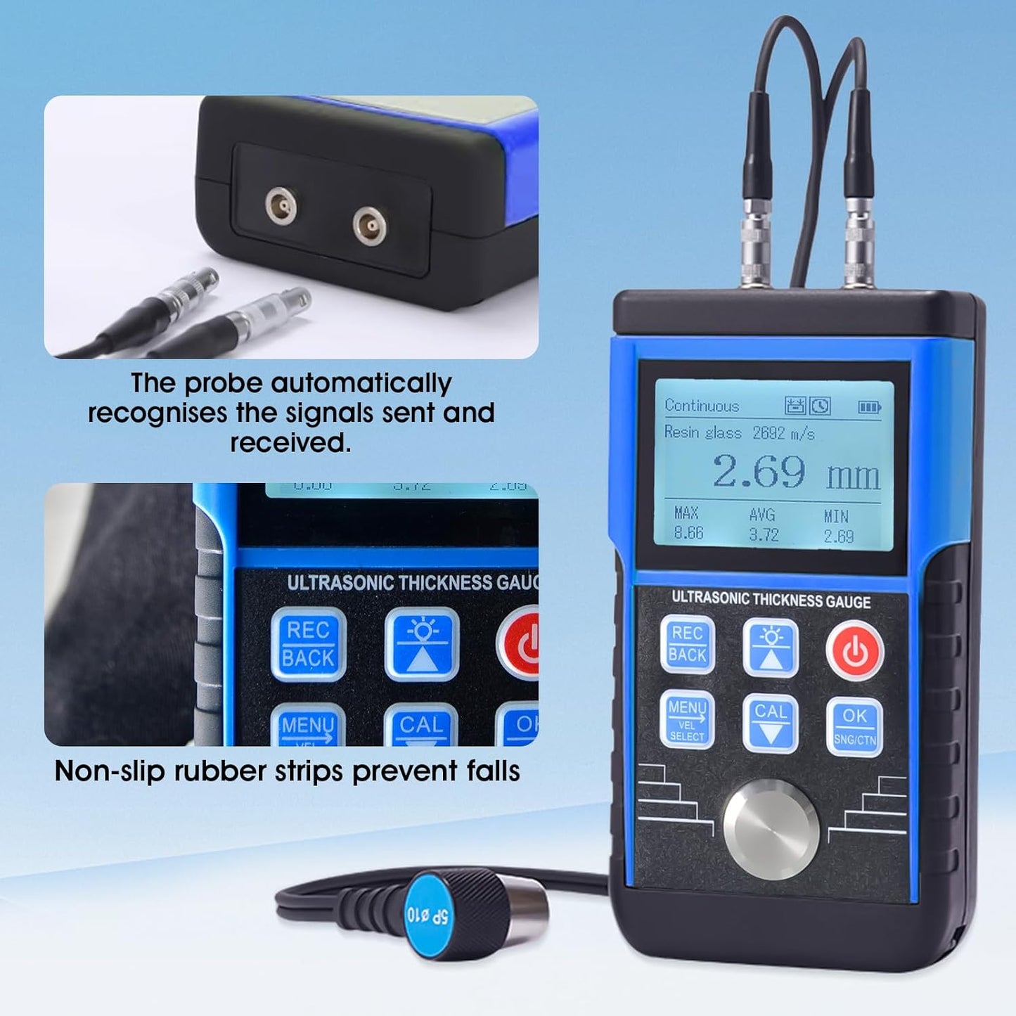 Digitale ultrasone diktemeter, diktemeter met 1,2-200 mm bereik/0,1 mm resolutie, nauwkeurige dieptemeter met 10 geluidssnelheidsmetingen