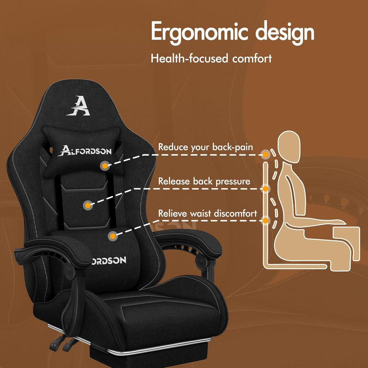 ALFORDSON Gaming Chair with Massage Lumbar Spinal Cushion, Ergonomic Gamer Racer Chair with Adjustable Backrest, Swivel Chair with Footrest, Height Adjustable, Black - QUORE