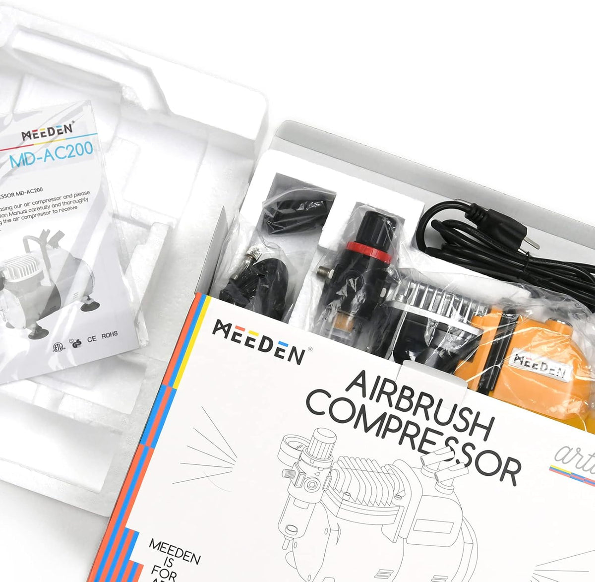 MEEDEN Airbrush-compressor, 1/5 pk, inzuigercompressor met auto-stop, hermisch beschermd, laag loopgeluid, 47 dB, regelaar, watervalhouder, 1/8 luchtslang voor modelbouw, tattoo en graffiti