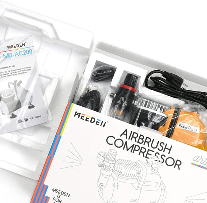 MEEDEN Airbrush-compressor, 1/5 pk, inzuigercompressor met auto-stop, hermisch beschermd, laag loopgeluid, 47 dB, regelaar, watervalhouder, 1/8 luchtslang voor modelbouw, tattoo en graffiti