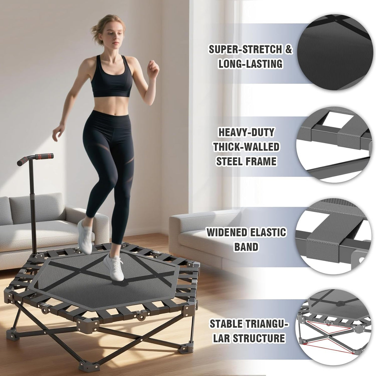 42" Fitness Trampoline met verstelbare handgreep One-Click Folding & Geen Montage Mini Trampoline Rebounder voor Volwassenen Binnen & Outdoor Max Belasting 300 KG