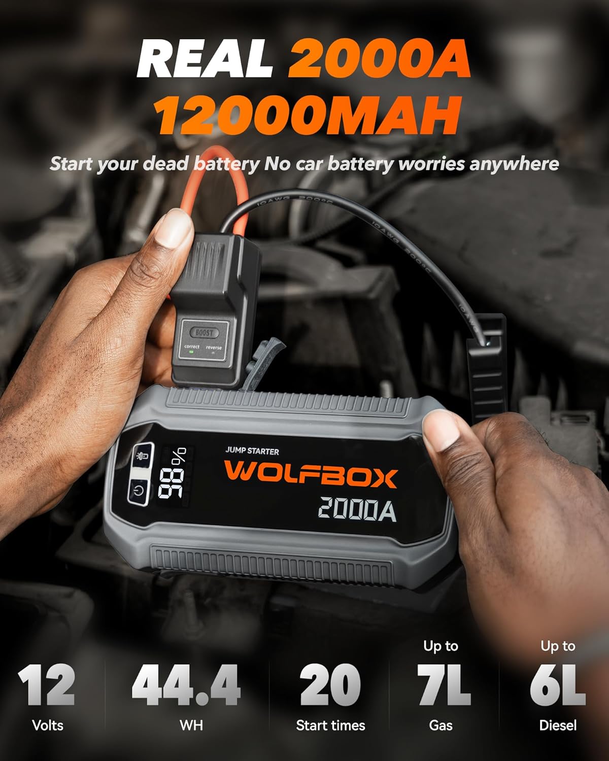 Jump Starter 12V Auto – Starthulp – Startbooster – Accubooster – Noodstarter – 2000A Startvermogen – 12000mAh Batterij
