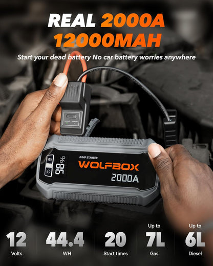 Jump Starter 12V Auto – Starthulp – Startbooster – Accubooster – Noodstarter – 2000A Startvermogen – 12000mAh Batterij