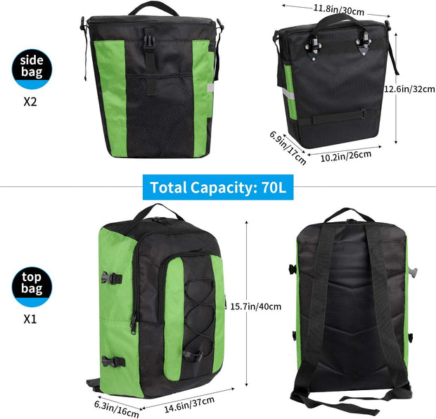 3-in-1 Fietstas - Fietstassen - Dubbele Fietstas - Multifunctioneel Bagagedragertas - Scheurvast - Grote Bagagetassen - met Regenhoes - 70L - Nylon - Groen