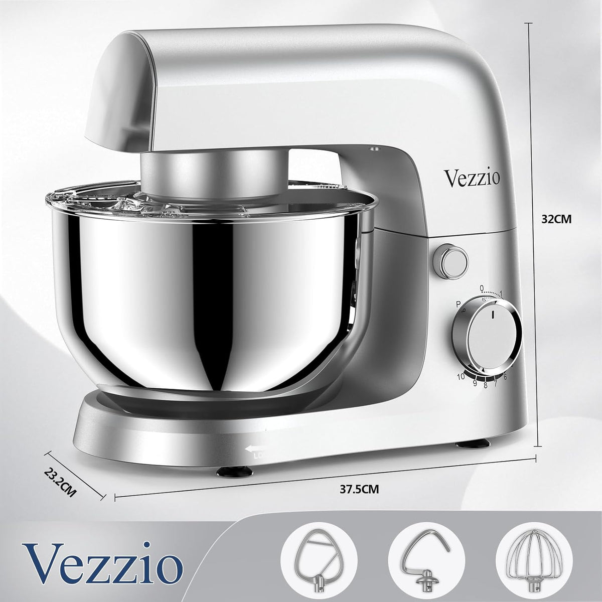 Vezzio Blender, 4,5 liter, 1500 W, 10 snelheden, keukenmachine om te bakken (zilver) (zilver)