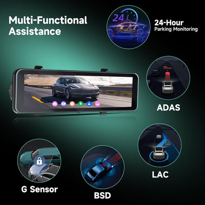 Spiegel-Dashcam – Achteruitkijkspiegel Dashcam, Spiegel Dashcam, Autocamera, Achteruitrijcamera – 10,88 Inch Touchscreen – 4K Voorcamera + 1080p Achtercamera