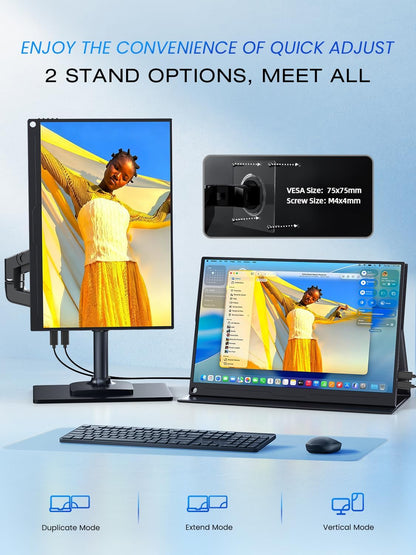 UPERFECT Draagbare Monitor QLED 16 Inch 2.5K QHD Oogverzorging 150% sRGB 2000:1 500Nits IPS Mat Scherm met HDMI USB C voor Laptop PC Mobiele Telefoon, Mobiel Display VESA-compatibel