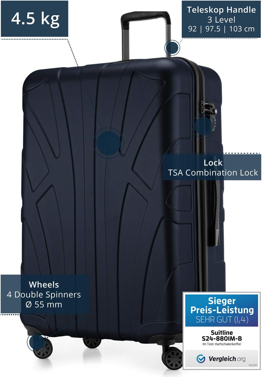 Suitline Grote koffer 76 x 53 x 31 cm ABS harde schaal uitbreidbaar (96-110 L) met TSA slot 4 dubbele wielen telescopische handgreep trolley, Donkerblauw