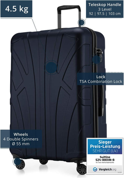 Suitline Grote koffer 76 x 53 x 31 cm ABS harde schaal uitbreidbaar (96-110 L) met TSA slot 4 dubbele wielen telescopische handgreep trolley, Donkerblauw