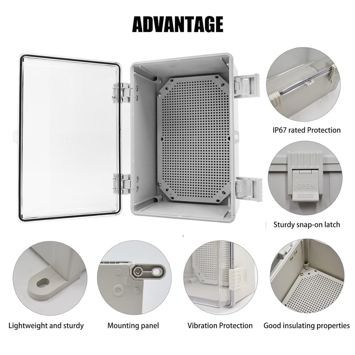 Verdelerdoos, verdeeldoos, industriële behuizing, schakelkast, IP65 elektrische aansluitdoos, transparante afdekking, installatiebehuizing, ABS-kunststof behuizing met slot, 600 x 500 x 220 mm