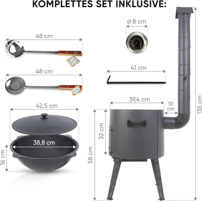 Utschak Kazan Fire Stove with Thermometer Cast Iron Pan Round Bottom with Lid (12 L), Skimmer 48 cm, Ladle 48 cm KazanoFF Fire Bowl Camping Kazan Goulash Cannon Dutch Oven (Set 3) - QUORE