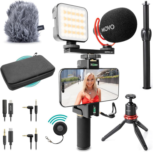Vloggingkit voor Smartphone – Vlogset – Content Creator Kit – YouTube Starterkit – Opnamekit – Universeel voor USB-C, Lightning en 3,5 mm – Oplaadbaar RGB-licht en Shotgunmicrofoon