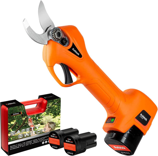Kebtek Snoeischaar Batterijaangedreven, Elektrische Snoeischaar Elektrische Takschaar Snoerloos met Borstelloze Motor 2 Pack Oplaadbare 2Ah Lithium, 25mm [0.98inch] Snijdiameter (Oranje)