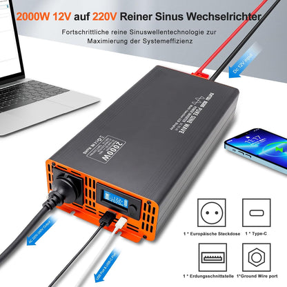 DATOUBOSS 2000W Omvormer 12v naar 230v Zuivere Sinus, Spanningsomvormer Pure Sine 12v 230v met AC-aansluiting en 3A USB-poort Soor Thuis, Camper, Off-Grid Zonne-energie-omvormer
