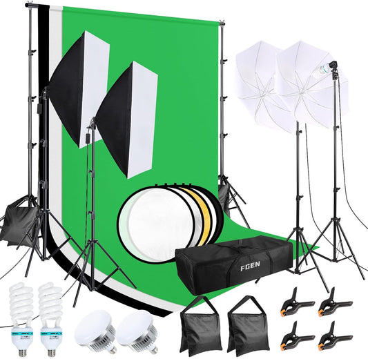 Complete Fotostudioset – Fotostudio Set – Softbox Set – Achtergrondsysteem – Studiolampen – 2,6 x 3 m Verstelbaar Aluminium Frame – 3 Katoenen Achtergronden Groen, Zwart En Wit