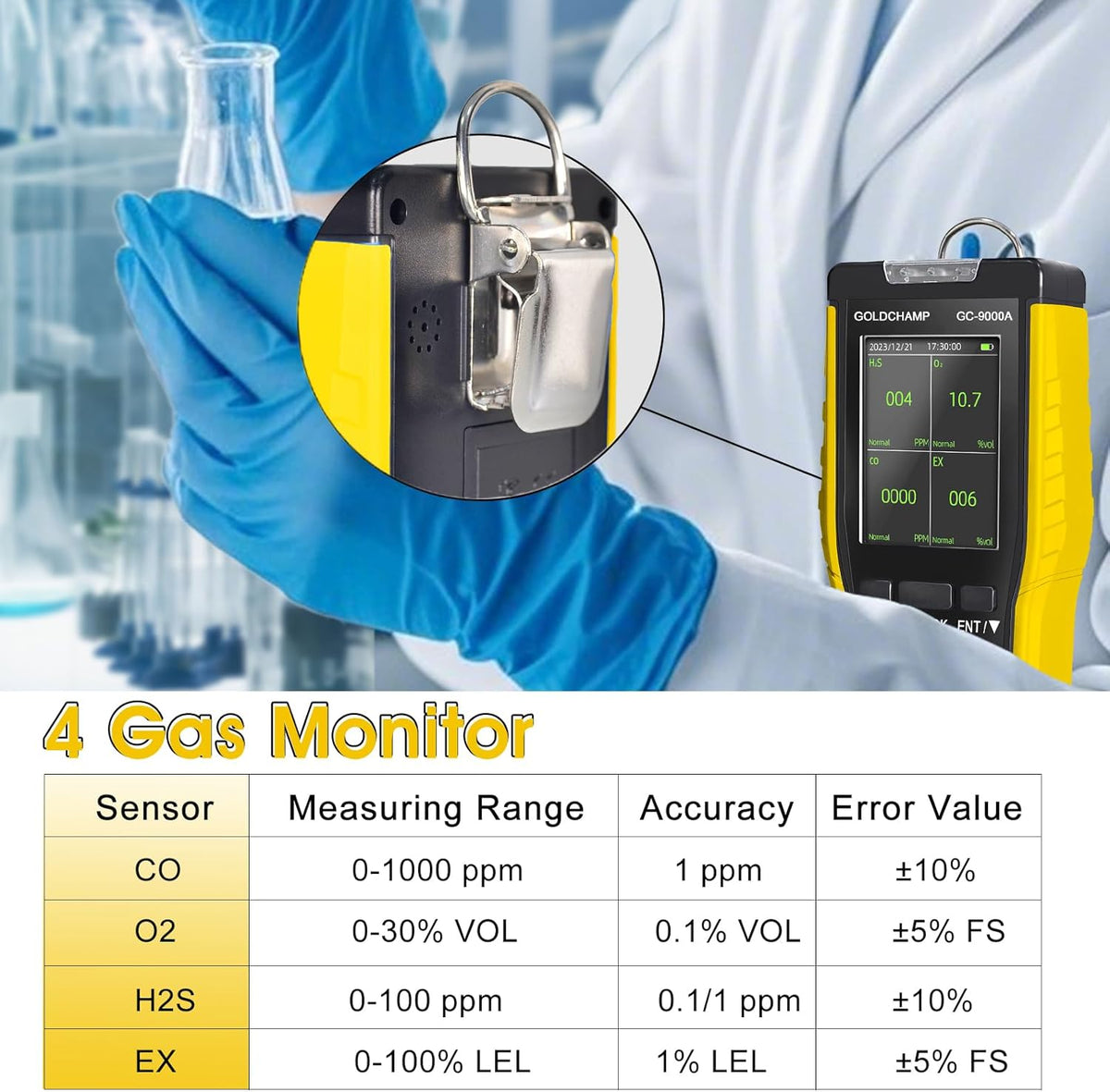 4-in-1 gasdetector voor brandbaar/O2/H2S/CO, geluid/licht/trilalarm en lcd-display, gaslek-detectoren voor huis + hand-anemometer, 5 eenheden & ℃/°F schakelaar, windsnelheidsmeter voor HVAC