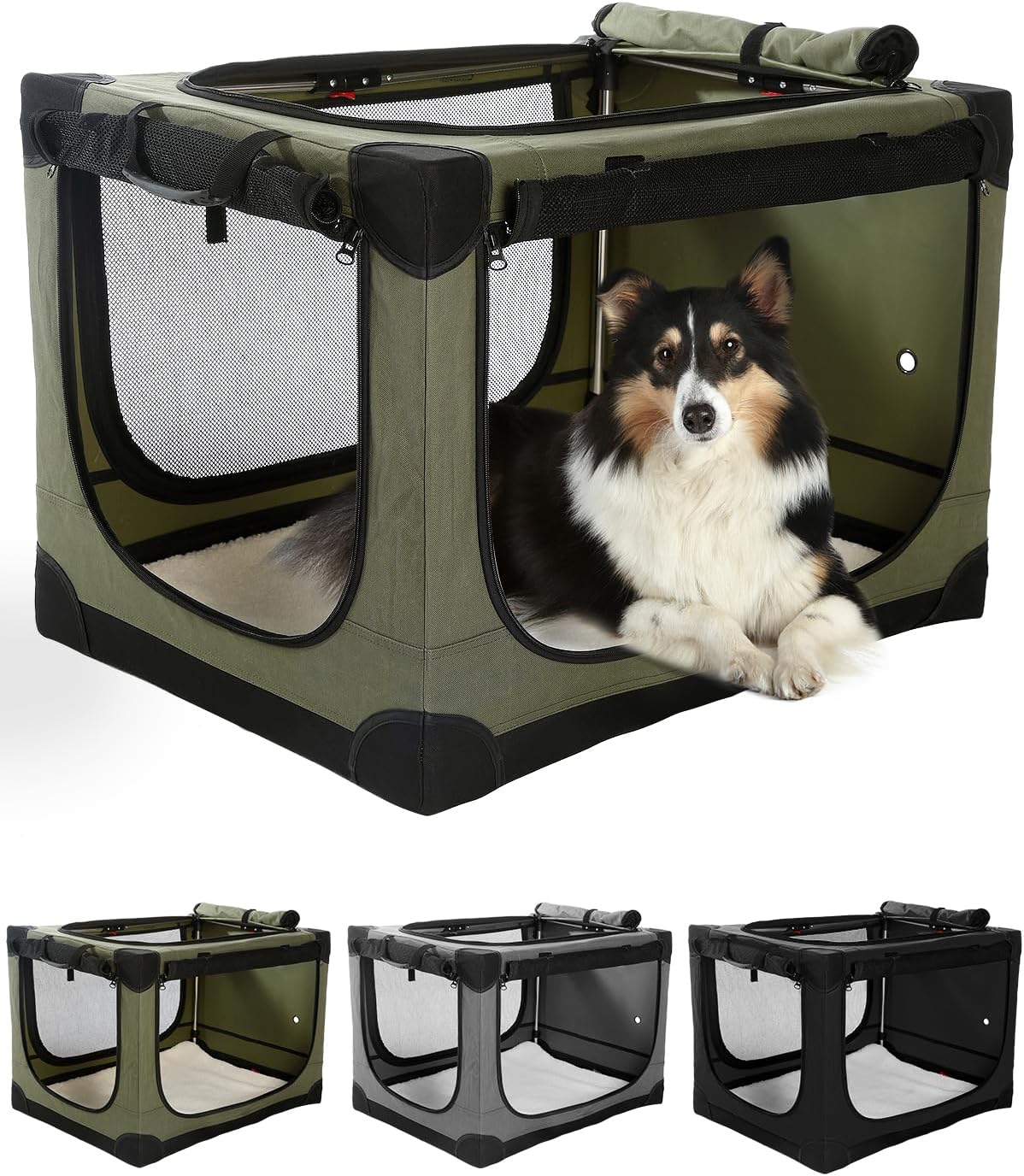 Opvouwbare reishondenbench van 42 inch voor middelgrote en grote honden, draagbare hondenkrat 4-deurs opvouwbare zachte kennel met kauwbestendige gaasramen voor reizen binnen en buiten, met opbergtas