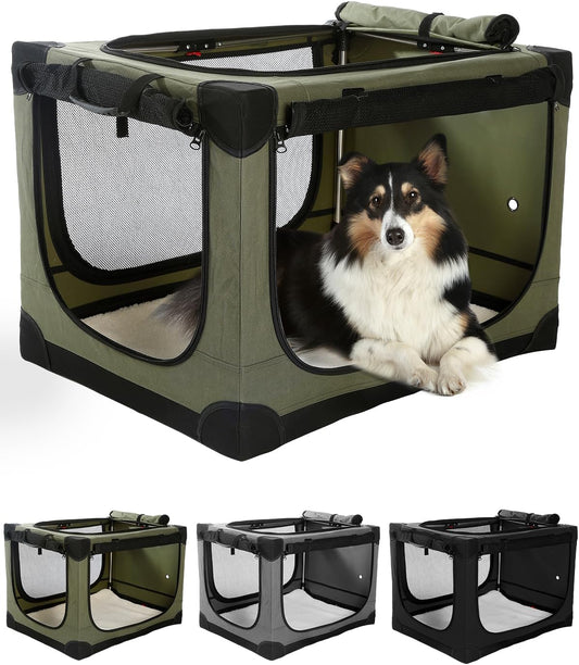 Opvouwbare reishondenbench van 42 inch voor middelgrote en grote honden, draagbare hondenkrat 4-deurs opvouwbare zachte kennel met kauwbestendige gaasramen voor reizen binnen en buiten, met opbergtas