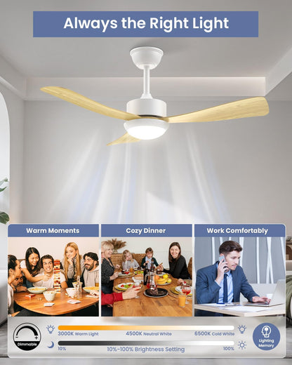 Airwit Plafondventilator met verlichting, stil, 106 cm, plafondventilator met licht en afstandsbediening, voor slaapkamer en woonkamer, lichte houtnerf