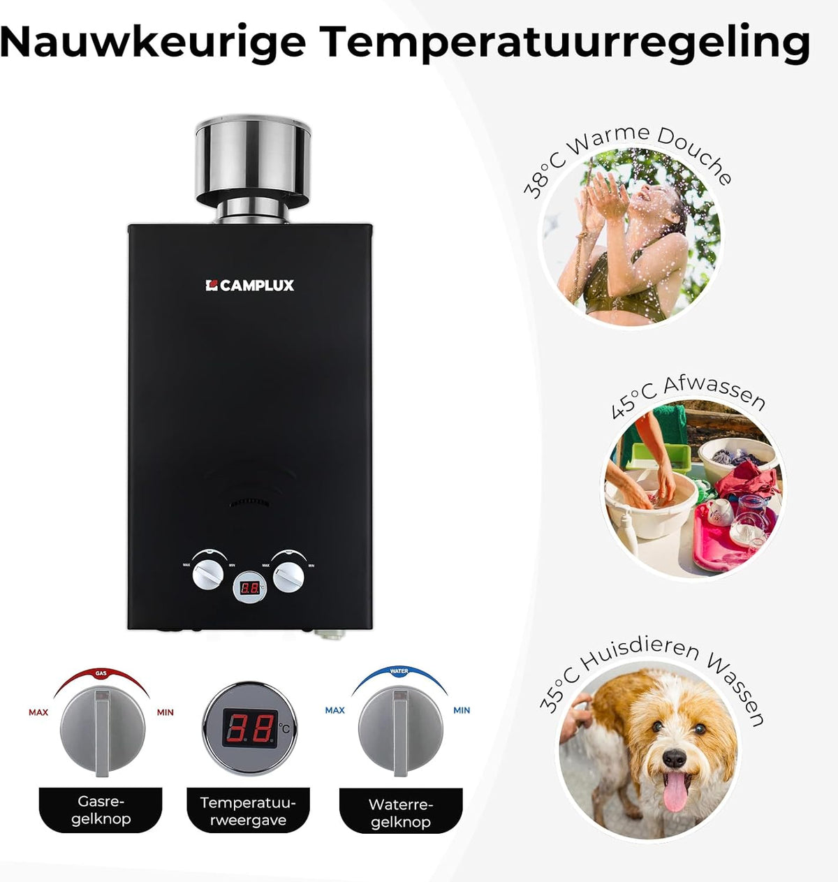 CAMPLUX BW264BC-DE Tankless Gas Boiler 10 Liter, LPG (50 mbar), 20 kW, voor Camping, RV, Wassen Paarden
