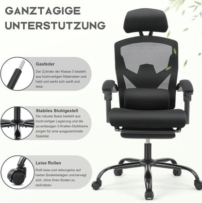 DUMOS Ergonomische bureaustoel, een bureaustoel met comfortabele armleuningen, uitgerust met een comfortabele lendensteun en voetensteun, geschikt voor thuis