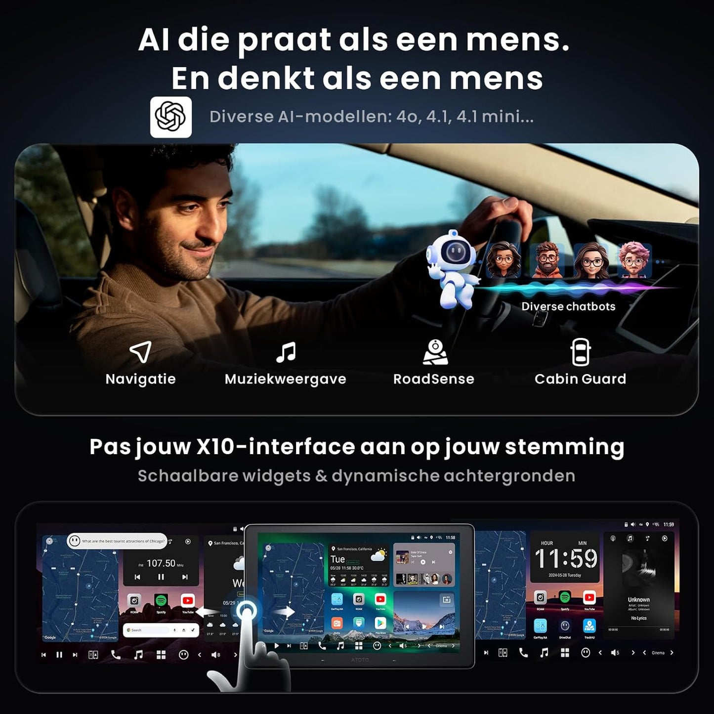 10" QLED Android In-Dash Navigatie, 8G+128G Single DIN Autoradio, ChatGPT AI Assistent, 4G LTE, Draadloze CarPlay & Android Auto, Duale Telefoonverbinding & Bluetooth, X10G110E