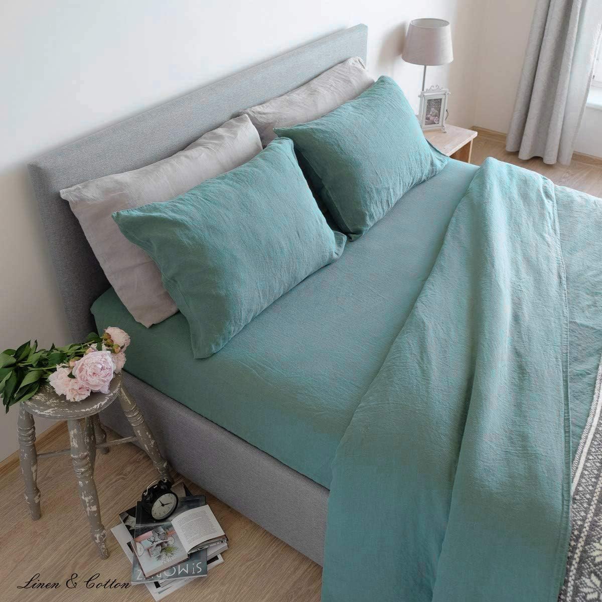 Linen & Cotton Zacht Beddengoed Set Alicia - 100% Gewassen Linnen, Munt Groen (140 x 200 cm) Beddenset Dekbedovertrek Kussensloop Dubbel Bed Twin King Size Single Eenpersoons Tweepersoons Winter Zomer