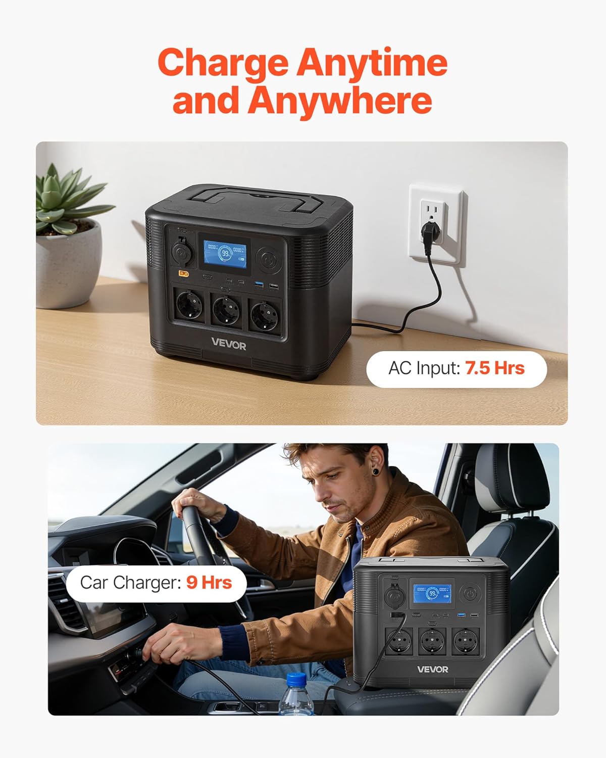 VEVOR LiFePO4 draagbaar powerstation, 1800 W, back-up accu, 1008 WH, met 8 uitgangen, voor thuis, camping, reizen in de camper, zonnepaneel niet inbegrepen