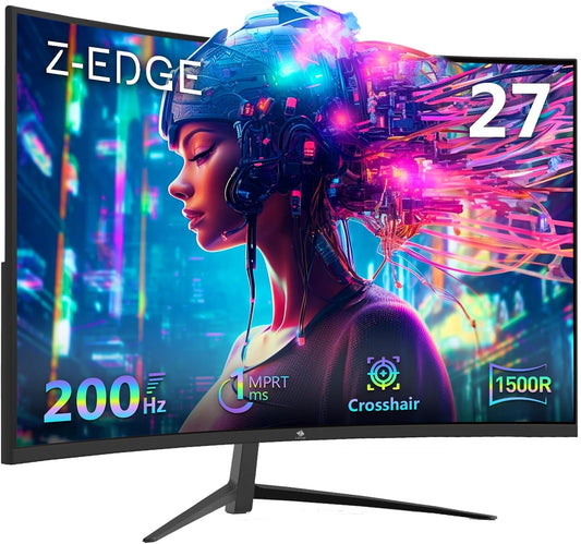 Z-Edge Gaming Monitor 27 inch 200 Hz, 1 ms, FreeSync, Screen FHD 1080P with DP Cable, 350cd/m², 1500R VA Frameless, HDMI2.0 & DP1.4, VESA, sRGB 99%, 178° Angle View, Adjustable Tilt