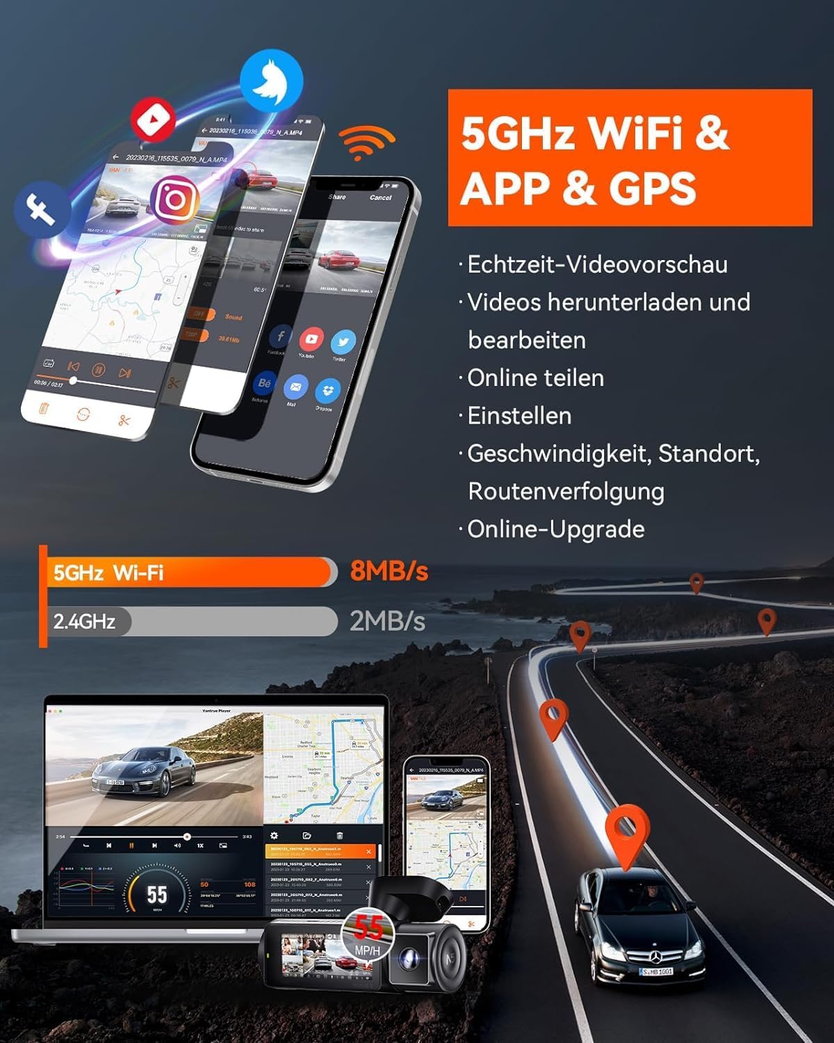 VANTRUE N5 4-kanaals dashcam auto 1944P+3×1080P/30FPS, STARVIS 2, 360° voor achter 5GHz wifi, spraakgestuurde dashcam met GPS, dubbele HDR+ WDR, 24 uur. Bufferparkeermodus, dubbel IR, max. 512G