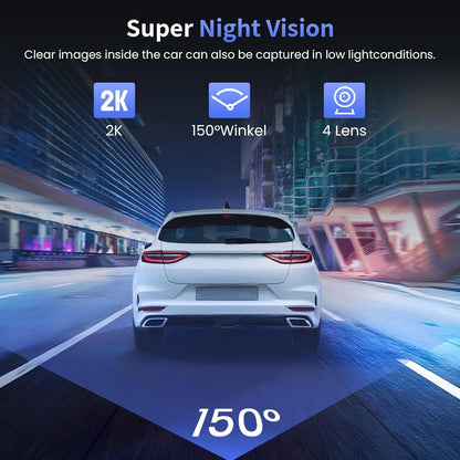 Hikity 4-kanaals dashcam, wifi dashcam 2K voor en 1080p achter binnen links rechts, autocamera met 64 GB kaart - wifi, G-sensor, loop-opname, nachtzicht, parkeerbewaking, achteruitrijassistent