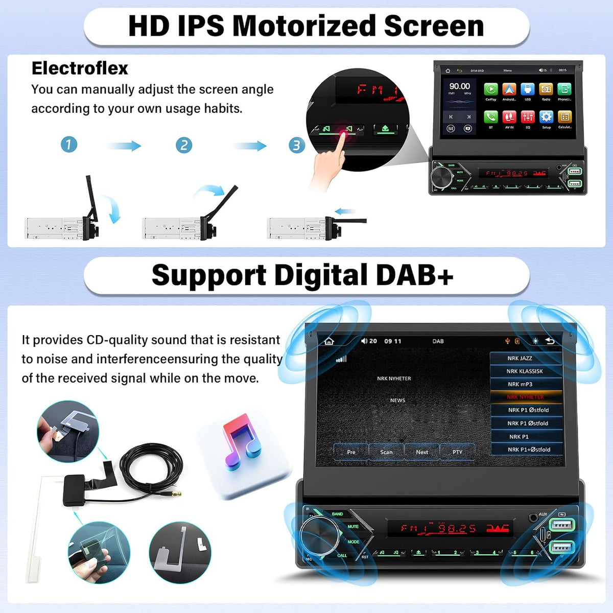 1 DIN Autoradio met draadloze Apple CarPlay & Android Auto, 7 inch motorisch uitklapbaar scherm, Bluetooth, DAB+, USB/Type-C/AUX/FM, spiegelbesturing, achteruitrijcamera + microfoon