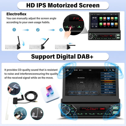 1 DIN Autoradio met draadloze Apple CarPlay & Android Auto, 7 inch motorisch uitklapbaar scherm, Bluetooth, DAB+, USB/Type-C/AUX/FM, spiegelbesturing, achteruitrijcamera + microfoon