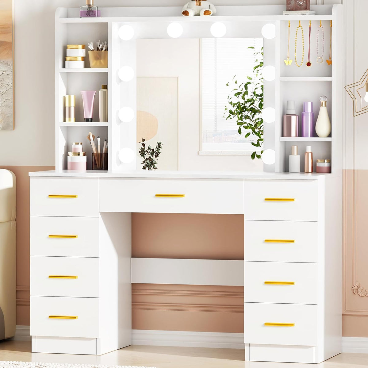 ANWBROAD Large LED Dressing Table, 3 Colours, Adjustable Brightness, Vanity Table with Mirror, Dressing Table with 9 Drawers, 6 Open Shelves, 5 Jewellery Hooks, Modern White BDT89W - QUORE
