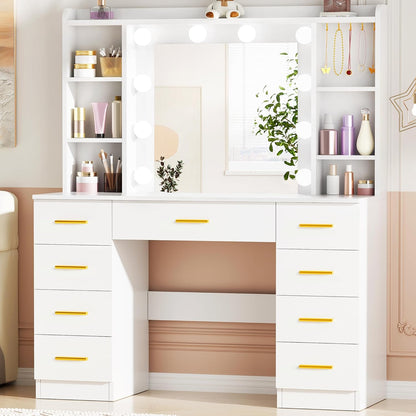 ANWBROAD Large LED Dressing Table, 3 Colours, Adjustable Brightness, Vanity Table with Mirror, Dressing Table with 9 Drawers, 6 Open Shelves, 5 Jewellery Hooks, Modern White BDT89W - QUORE