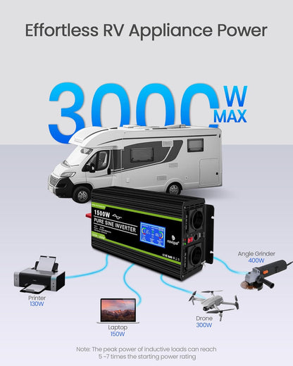 NOVOPAL spanningsomvormer 24V 230V omvormer 1500W spanningsomvormer puur sinus beeldscherm LCD met een USB-poort - 5 meter afstandsbediening en twee koelventilatoren voor RV Truck Boat