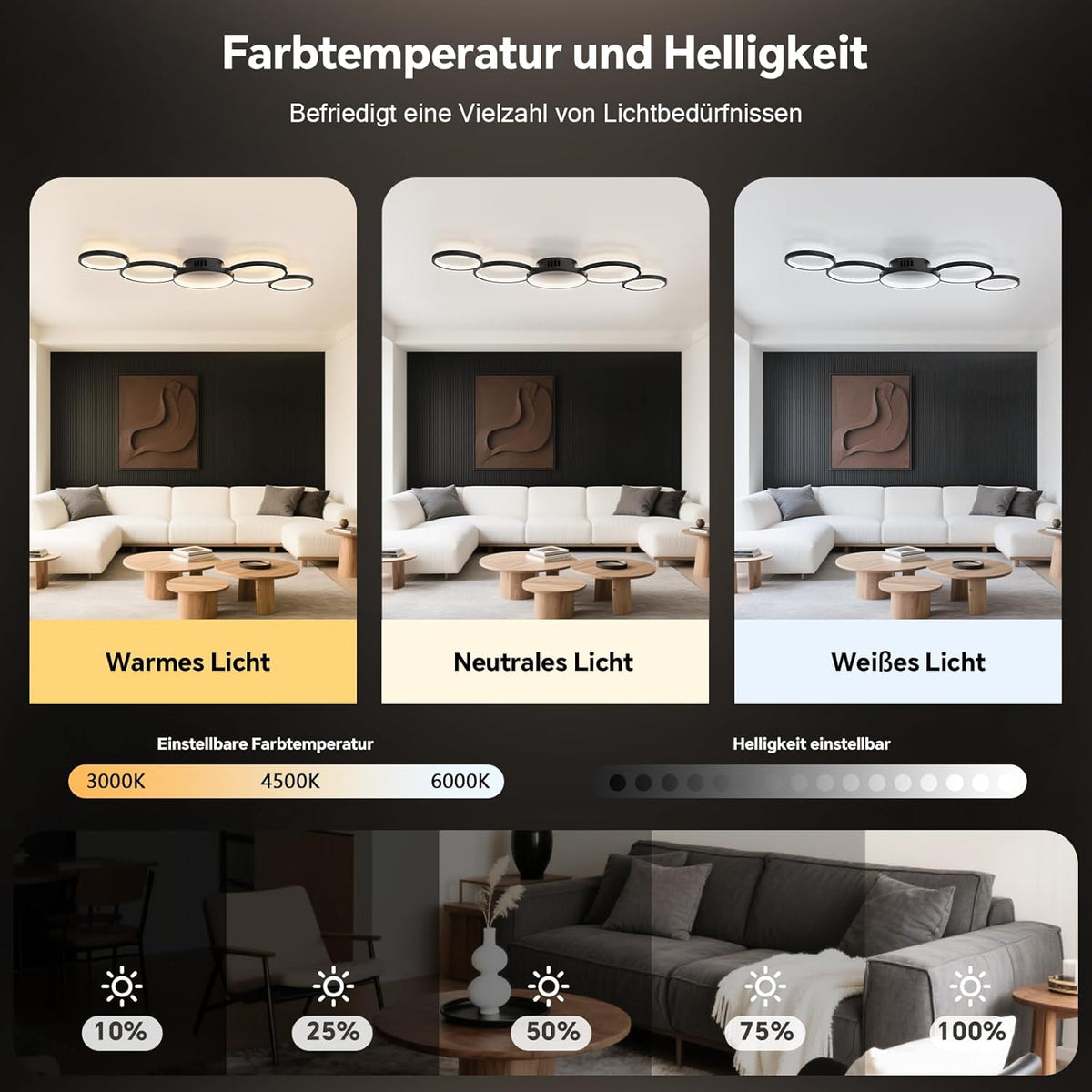 Sky angle Led-plafondlamp met Alexa-app, Google Home, rond, wit, dimbaar, met afstandsbediening, plafondlamp woonkamer, 50 W, 6000 lm, 3000 K-6000 K, voor slaapkamer, 100 cm, zwart, smart