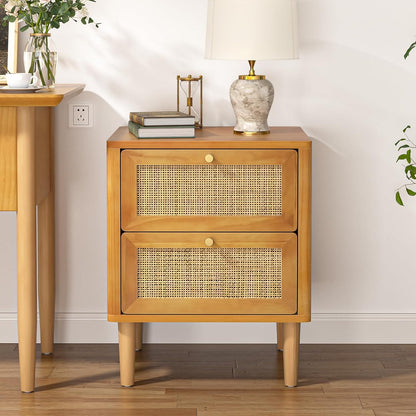 Nachtkastje Rattan – Bedside Table – Ladekastje – Bijzettafel – Slaapkamerkastje – 2 Lades – Massief Houten Pootjes – Compact 45x40x55,5 cm