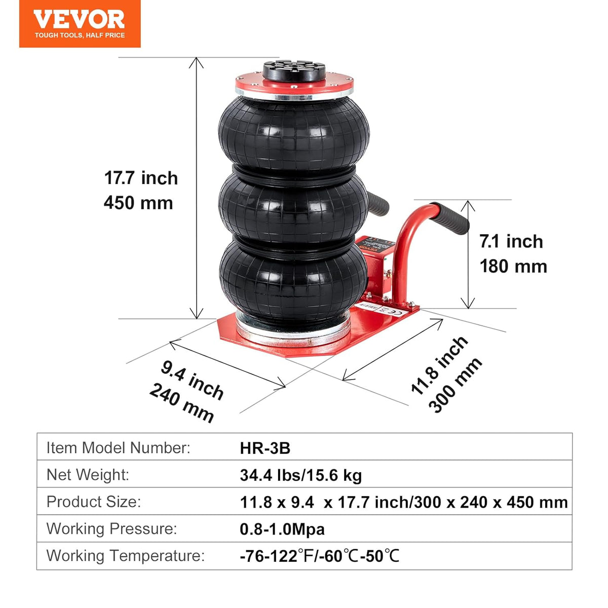 VEVOR Pneumatic Jack 3T 140-450mm Pneumatic Lifting Jack 0.8-1.0MPa Inflatable Jack 3 Air Cushions Fast Lifting Easy Portable for Repair Maintenance Car SUV Workshop Garage Red
