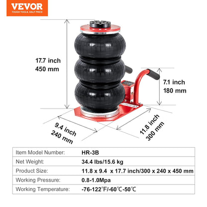 VEVOR Pneumatic Jack 3T 140-450mm Pneumatic Lifting Jack 0.8-1.0MPa Inflatable Jack 3 Air Cushions Fast Lifting Easy Portable for Repair Maintenance Car SUV Workshop Garage Red