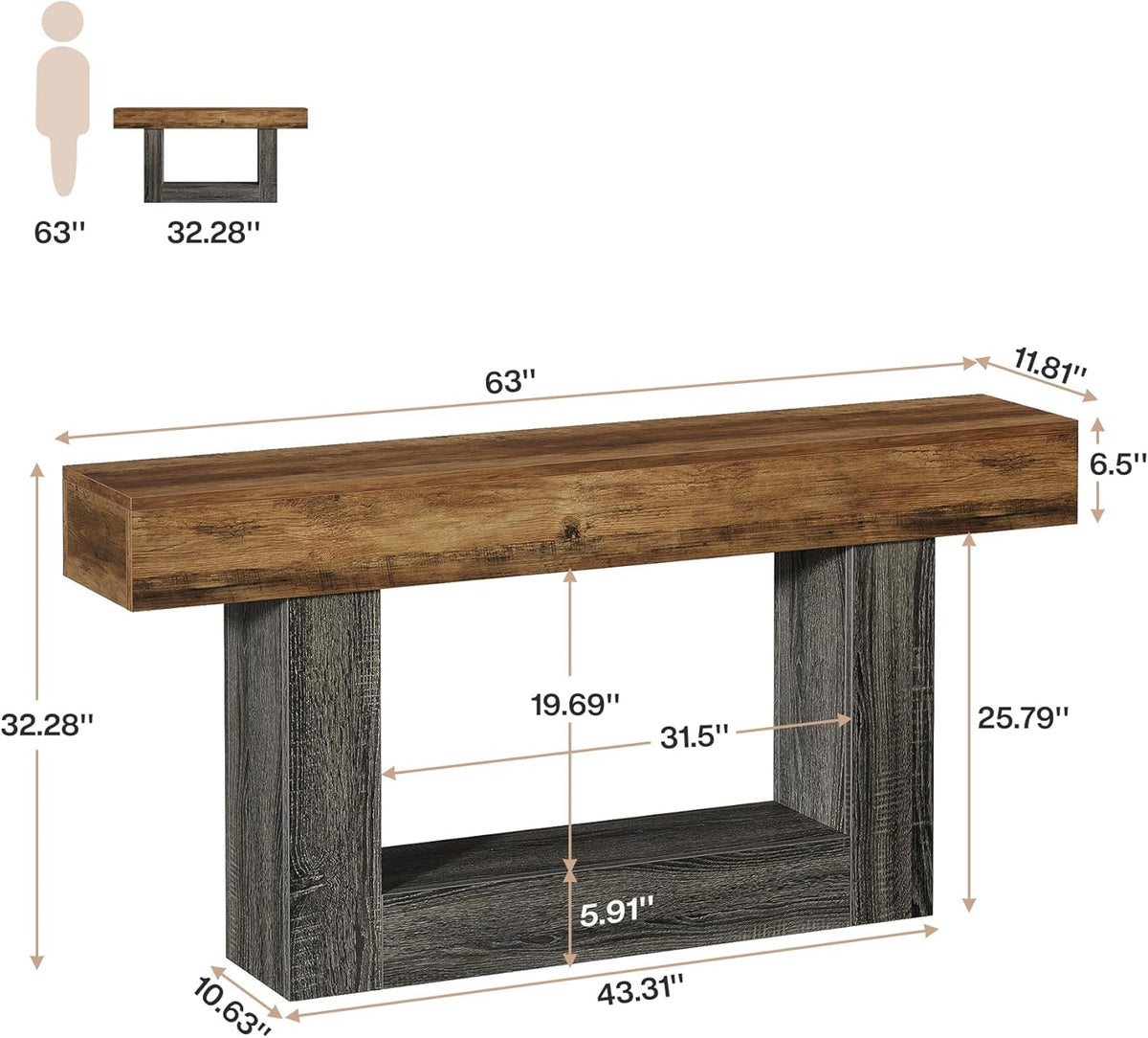 Tribesigns Console Table, Entrance Table, Coffee Table with Storage, Wooden Table Behind Sofa, for Living Room and Entrance, Country, 2 Levels, 160 cm, Rustic Brown and Grey