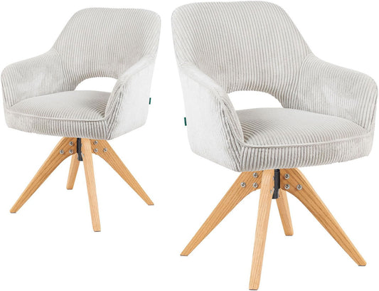 DUBI Möbel Dining Chairs 2-piece 360° swivel with pocket spring, high seating comfort, up to 150 kg, durable fabric light grey, solid oak frame in timeless design, Mika-Lena - QUORE