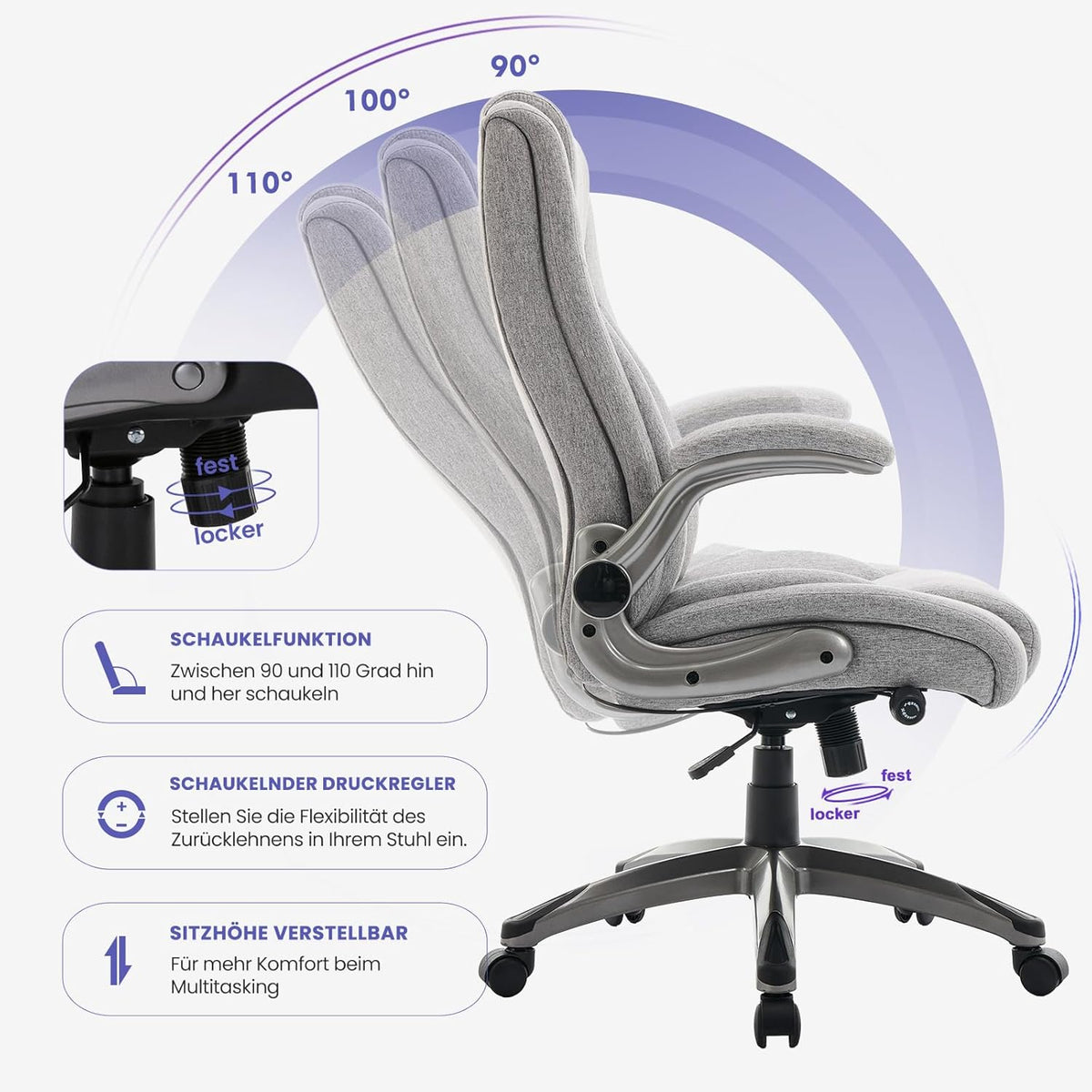 COLAMY Bureaustoel, ergonomisch, directiestoel met hoge rugleuning, ergonomische 360° draaistoel voor kantoor, lederen stoel met verstelbare kantelsluiting, grijs