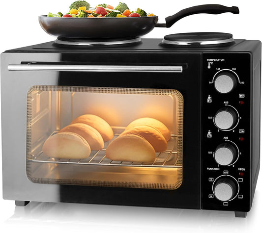 EMERIO MO-125236.4 Oven met 32 liter + 2 kookplaten | hete lucht + boven-/onderwarmte | timer + temperatuurregelaar | incl. bakplaat & grillrooster | compacte tafeloven voor pizza, broodjes