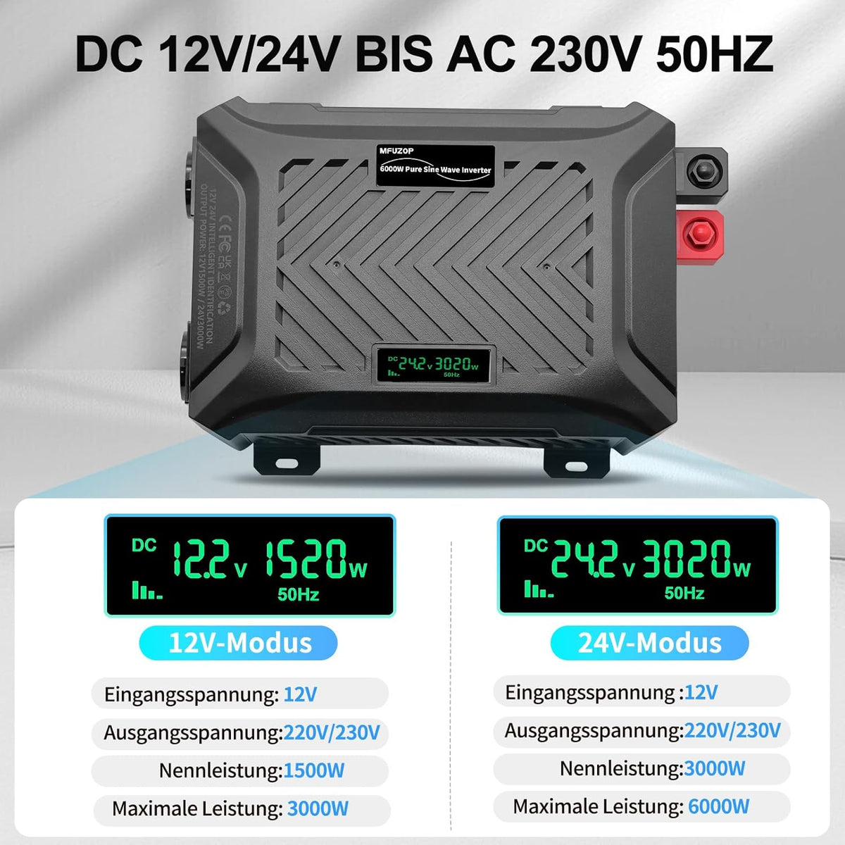 Power Inverter 12V/24V 220/230/240V Zuivere Sinus – Omvormer – Spanningsomvormer – Converter – Inverter – Intelligent Detectiesysteem 12V/24V – 1500W/3000W, 2 AC-Stopcontacten, Type C, USB-Poort, LCD-Display