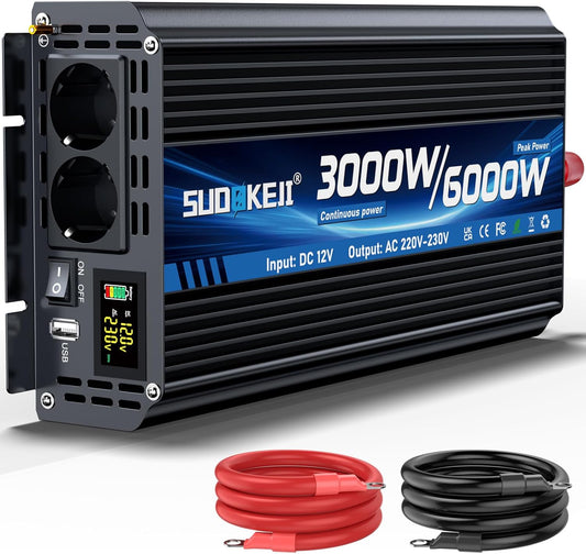 Omvormer 12V naar 230V – Spanningsomzetter – Inverter – Converter – Stroomomzetter – 3000W Continu Vermogen – 2 AC Stopcontacten & USB-Type-C Poort