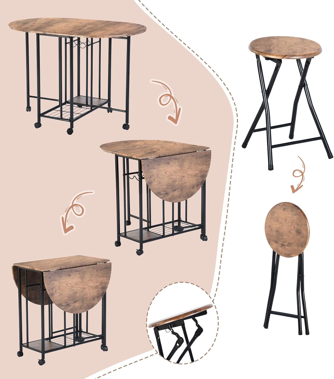 Dining Table with 4 Chairs, Small Kitchen Table, Foldable, Small Space with 4 Folding Chairs with Storage for Restaurant, Patio, Balcony, Garden (Rustic Brown)