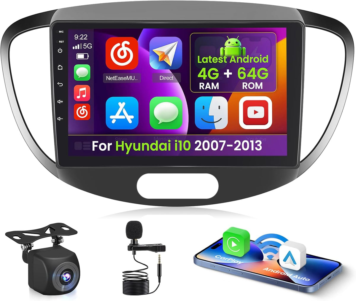 4+64G Android 15 autoradio voor Hyundai i10 2007-2013 met draadloze CarPlay Android Auto, 9-inch scherm, ondersteunt FM, RDS, 32EQ, GPS, Bluetooth, WiFi, SWC, AHD en achteruitrijcamera.