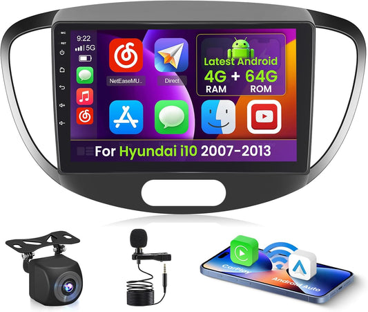 4+64G Android 15 autoradio voor Hyundai i10 2007-2013 met draadloze CarPlay Android Auto, 9-inch scherm, ondersteunt FM, RDS, 32EQ, GPS, Bluetooth, WiFi, SWC, AHD en achteruitrijcamera.